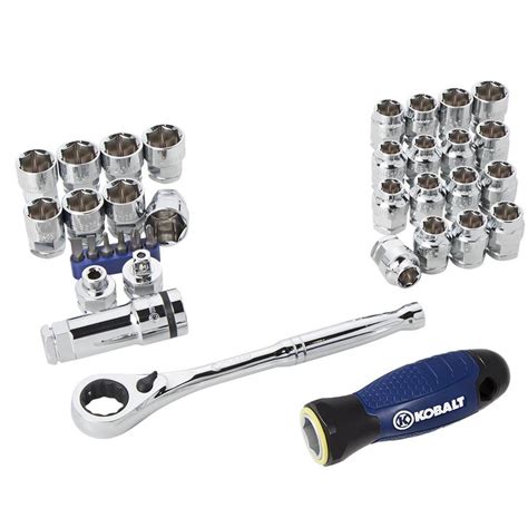 Kobalt's IMPACT socket set includes a professional assortment of SAE and metric, 3/8-inch and 1/2-inch drive sockets, making it a great addition to any heavy equipment mechanic's toolbox. These sockets are made from chrome vanadium steel with a durable impact-grade black oxide finish which helps to prevent corrosion. All sockets are 6-point ...
